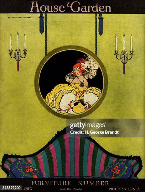 House and Garden logo in light mauve on a black band above an oilcolor illustration of a portrait tondo of a red-haired courtesan; painting hangs...