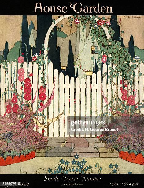 House and Garden logo in white on black band above art-nouveau oilcolor illustration of a white picket, flower-covered garden gate leading to a...