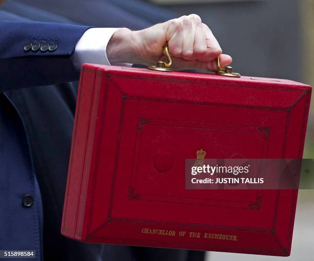 British Finance Minister George Osborne poses for pictures with the Budget Box as he leaves 11 Downing Street in London, on March 16 before...