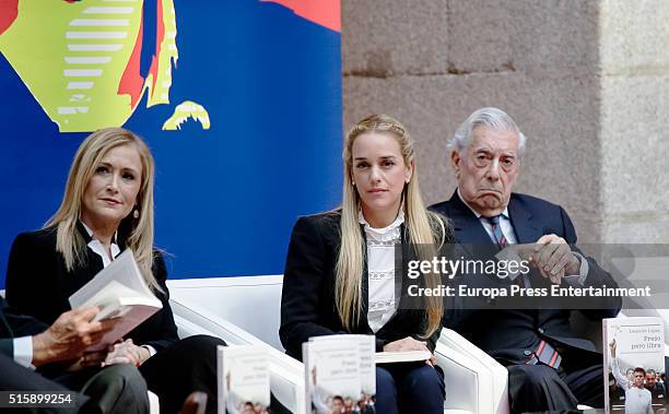 Cristina Cifuentes, Lilian Tintori and Mario Vargas Llosa attend the presentation of Leopoldo Lopez's book 'Imprisoned But Free' at Madrid Goverment...