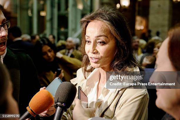 Isabel Preysler attends the presentation of Leopoldo Lopez's book 'Imprisoned But Free' at Madrid Goverment headquarters on March 15, 2016 in Madrid,...