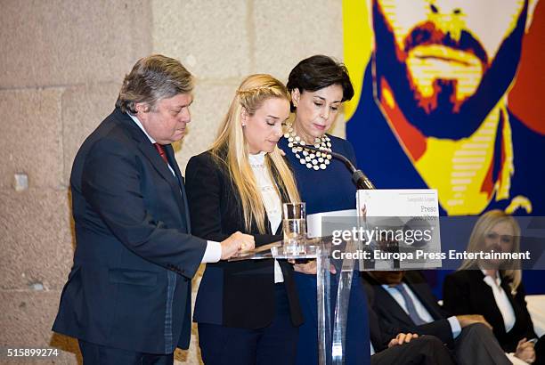 Leopoldo Lopez's parents Leopoldo Lopez Gil and Antonieta Mendoza and his wife Lilian Tintori attend the presentation of Leopoldo Lopez's book...