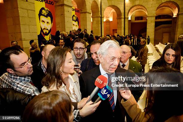 Mario Vargas Llosa and Isabel Preysler attend the presentation of Leopoldo Lopez's book 'Imprisoned But Free' at Madrid Goverment headquarters on...