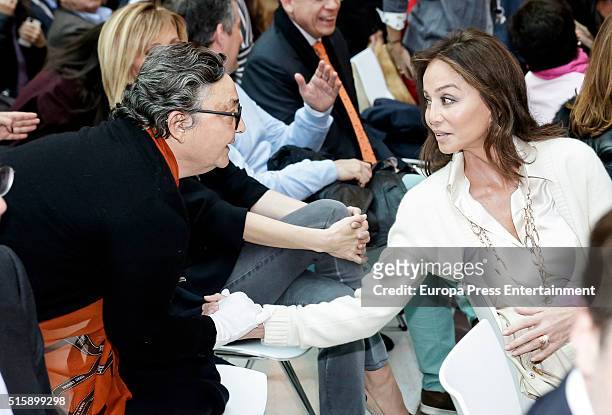 Isabel Preysler and Elena Benarroch attend the presentation of Leopoldo Lopez's book 'Imprisoned But Free' at Madrid Goverment headquarters on March...