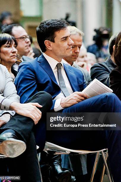 Pedro Sanchez attends the presentation of Leopoldo Lopez's book 'Imprisoned But Free' at Madrid Goverment headquarters on March 15, 2016 in Madrid,...