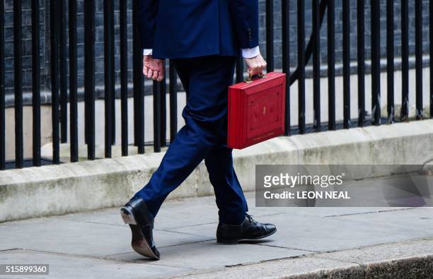 British Finance Minister George Osborne carries the Budget Box as leaves 11 Downing Street in London, on March 16 before presenting the government's...