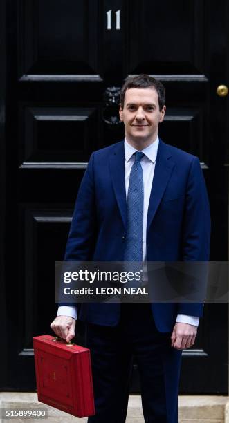 British Finance Minister George Osborne poses for pictures with the Budget Box as he leaves 11 Downing Street in London, on March 16 before...