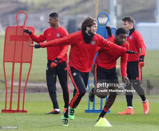 Daley Blind of Manchester United in action during a first team training session, ahead of their UEFA Europa League Round of 16 Second Leg match...