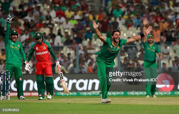 Captain Shahid Afridi of Pakistan and teammates appeal unsuccessfully for the wicket of Mushfiqur Rahim of Bangladesh during the ICC World Twenty20...