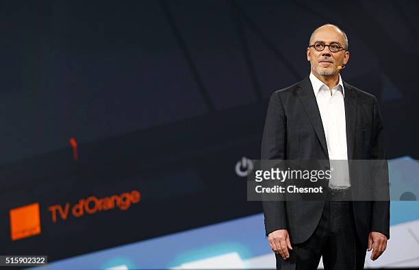 French telecom operator Orange CEO, Stephane Richard delivers a speech during the "Orange Hello 4" show at Carrousel du Louvre on March 16, 2016 in...