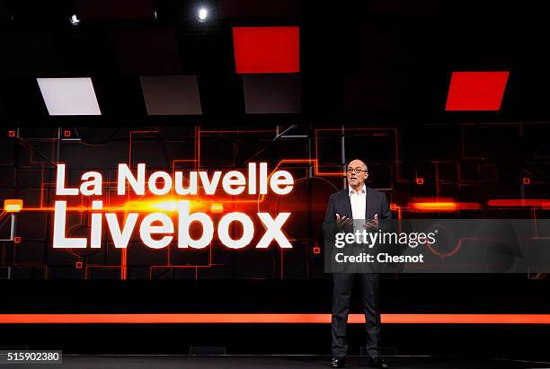 French telecom operator Orange CEO, Stephane Richard delivers a speech during the "Orange Hello 4" show at Carrousel du Louvre on March 16, 2016 in...