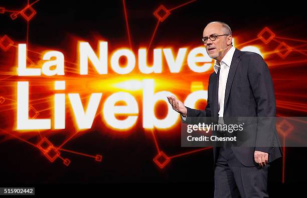 French telecom operator Orange CEO, Stephane Richard delivers a speech during the "Orange Hello 4" show at Carrousel du Louvre on March 16, 2016 in...