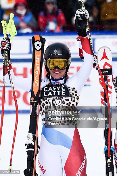 Fabienne Suter of Switzerland takes 2nd place in the race and 2nd place in the overall downhill standings during the Audi FIS Alpine Ski World Cup...