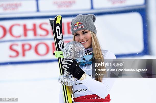 Lindsey Vonn of the USA wins the downhill crystal globe during the Audi FIS Alpine Ski World Cup Finals Men's and Women's Downhill on March 16, 2016...