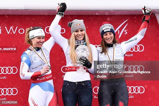 Lindsey Vonn of the USA wins the downhill crystal globe, Fabienne Suter of Switzerland takes 2nd place in the race and the overall downhill...