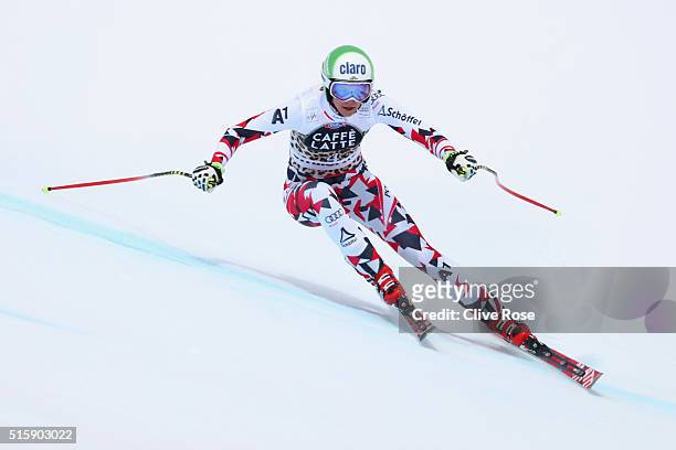 Mirjam Puchner of Austria in action during the Audi FIS Alpine Skiing World Cup Women's Downhill Race on March 16, 2016 in St Moritz, Switzerland.