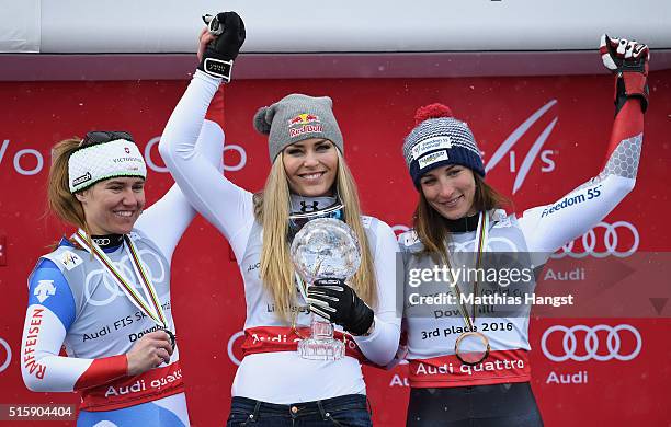 Lindsey Vonn of the USA wins the downhill crystal globe, Fabienne Suter of Switzerland takes 2nd place in the race and the overall downhill...