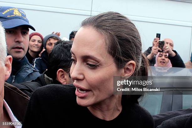 Special envoy of the United Nations High Commissioner for Refugees, Angelina Jolie seen during her visit to the temporary refugee facilities at the...