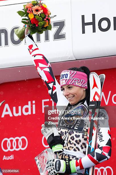 Mirjam Puchner of Austria takes 1st place during the Audi FIS Alpine Ski World Cup Finals Men's and Women's Downhill on March 16, 2016 in St. Moritz,...