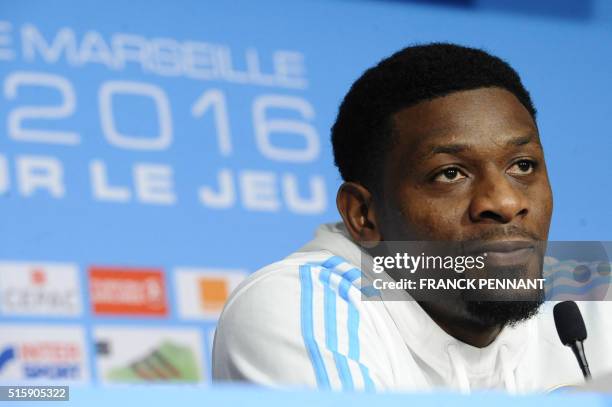 Marseille's French midfielder Abou Diaby delivers a press conference on March 16 at the Robert Louis-Dreyfus training centre in Marseille,...