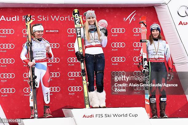 Lindsey Vonn of the USA wins the downhill crystal globe, Fabienne Suter of Switzerland takes 2nd place in the race and the overall downhill...