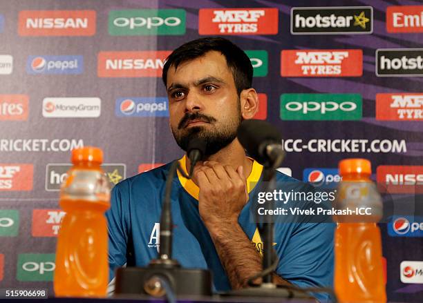 Mohammed Hafeez of Pakistan attends the post-match press conference after the ICC World Twenty20 India 2016 match between Pakistan and Bangladesh at...