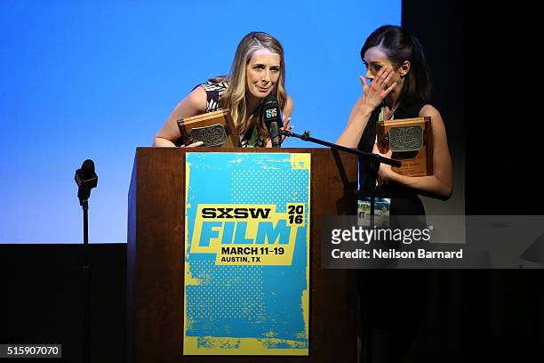 Writers Jocelyn DeBoer and Dawn Luebbe, winners of the Special Jury Recognition for Writing for "Greener Grass" speaks on stage at the SXSW Film...