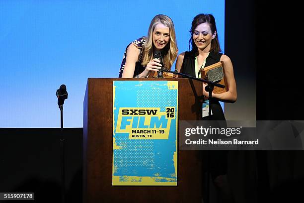 Writers Jocelyn DeBoer and Dawn Luebbe, winners of the Special Jury Recognition for Writing for "Greener Grass" speaks on stage at the SXSW Film...