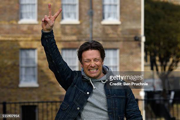 Jamie Oliver poses as he is interviewed in Westminister after British Chancellor of the Exchequer, George Osborne reveals the 2016 budget statement...