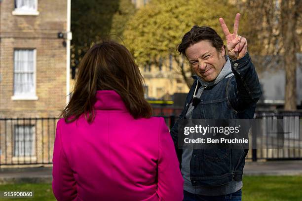 Jamie Oliver poses as he is interviewed in Westminister after British Chancellor of the Exchequer, George Osborne reveals the 2016 budget statement...