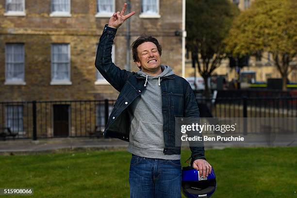 Jamie Oliver poses as he is interviewed in Westminister after British Chancellor of the Exchequer, George Osborne reveals the 2016 budget statement...