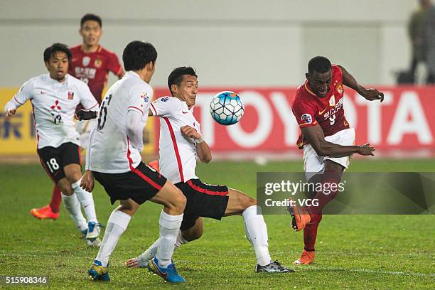 Jackson Martinez of Guangzhou Evergrande shoots the ball during the AFC Champions League Group H match between Guangzhou Evergrande and Urawa Red...