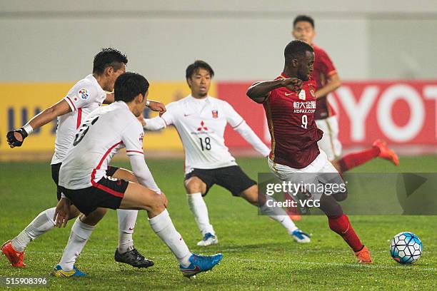 Jackson Martinez of Guangzhou Evergrande shoots the ball during the AFC Champions League Group H match between Guangzhou Evergrande and Urawa Red...