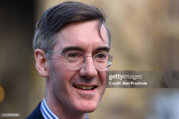 Jacob Rees-Mogg is interviewed in Westminister after British Chancellor of the Exchequer, George Osborne reveals the 2016 budget statement on March...