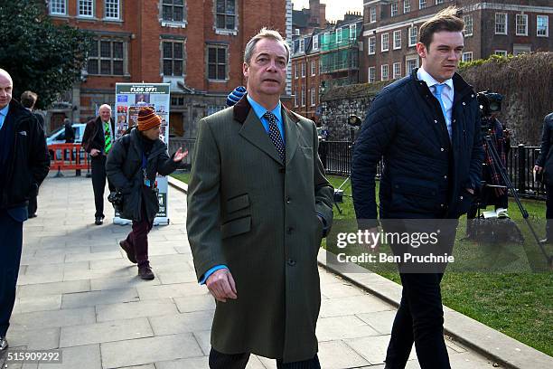 Leader Nigel Farage arrives in Westminister for an interview after British Chancellor of the Exchequer, George Osborne reveals the 2016 budget...