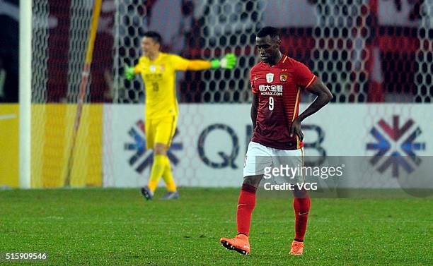 Jackson Martinez of Guangzhou Evergrande reacts after the AFC Champions League Group H match between Guangzhou Evergrande and Urawa Red Diamonds at...