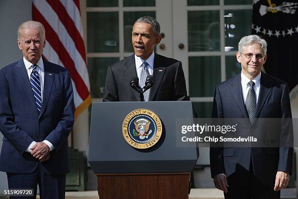 President Barack Obama and Vice President Joe Biden stands with Judge Merrick B. Garland, while nominating him to the US Supreme Court, in the Rose...