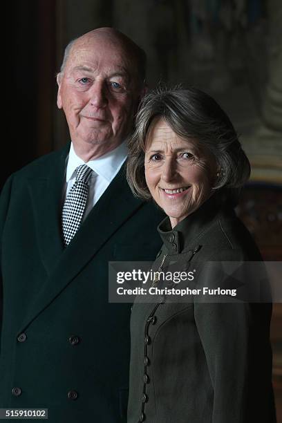 The Duke and Duchess of Devonshire pose for a portrait at Chatsworth House on March 16, 2016 in Chatsworth, England. Chatsworth House, Garden and...