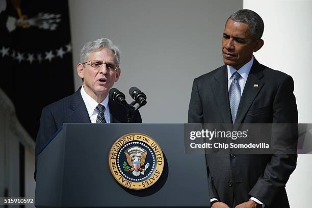 Judge Merrick B. Garland speaks after being nominated to the US Supreme Court as U.S. President Barack Obama looks on, in the Rose Garden at the...