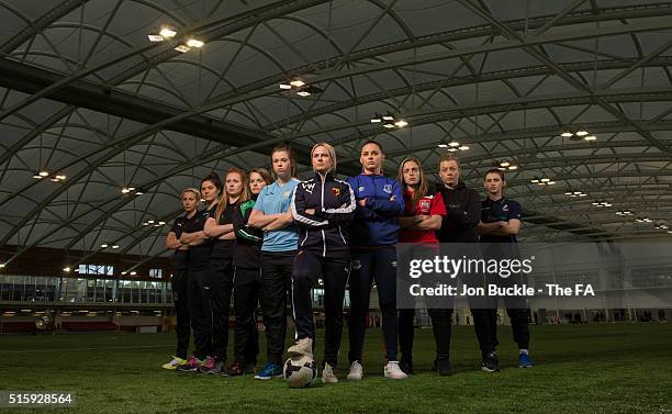 Players from WSL 2 Sheffield FC's Carla Ward, Durham FC's Helen Alderson, London Bees' Sophie Harris, Yeovil Town's Ellie Curson, Aston Villa's Beth...