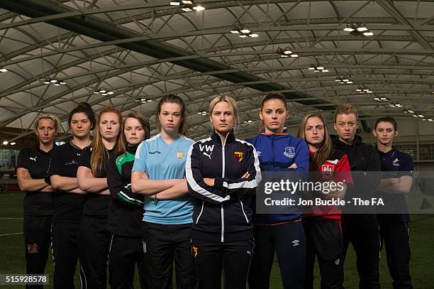 Players from WSL 2 Sheffield FC's Carla Ward, Durham FC's Helen Alderson, London Bees' Sophie Harris, Yeovil Town's Ellie Curson, Aston Villa's Beth...