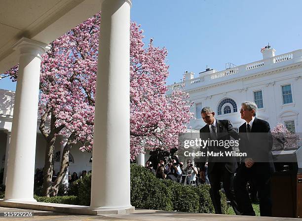 Judge Merrick B. Garland and US President Barack Obama depart after Garland was nominated to the US Supreme Court, in the Rose Garden at the White...