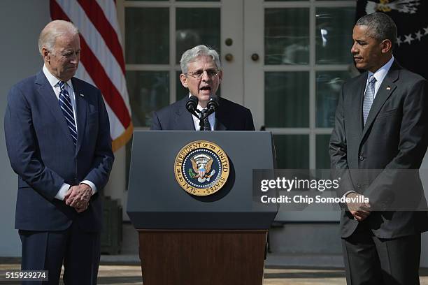 President Barack Obama andÊVice President Joe Biden listen as Judge Merrick Garland, the president's nominee to replace the late Supreme Court...