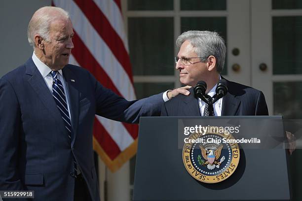 Vice President Joe Biden congratulates Judge Merrick Garland after he was nominated by U.S. President Barack Obama to the Supreme Court in the Rose...