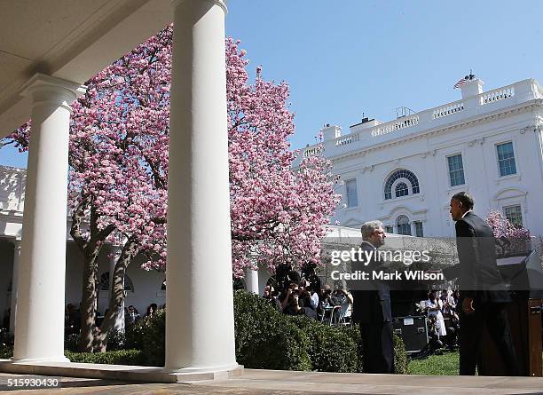 President Barack Obama, , shakes hands with Judge Merrick B. Garland,, after nominating him to the US Supreme Court, in the Rose Garden at the White...