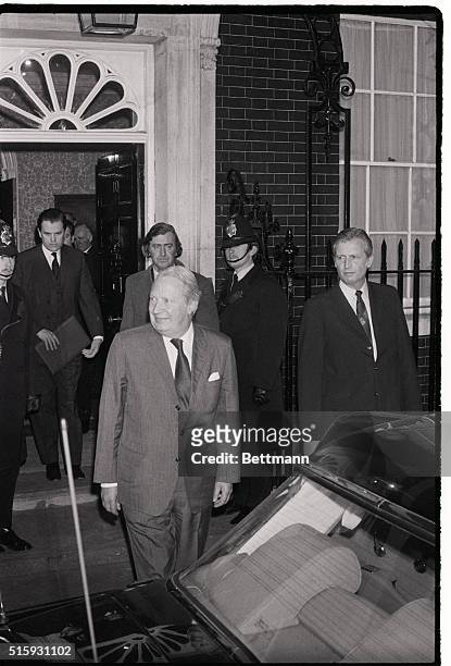 Prime Minister Edward Heath leaves No. 10 Downing St for an audience with the Queen at Buckingham Palace, to tender the resignation of his...