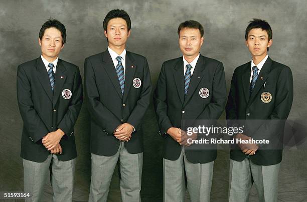 Kyung Tae Kim, Hye Dong Kim, Captain Yun Hee Han and Suk Min Pyo of the South Korean team pose for a team portrait for the Eisenhower trophy, the...
