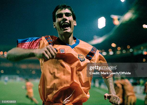 May 1992 Wembley European Cup Final Barcelona v Sampdoria - Pep Guardiola of CF Barcelona celebrates the victory for his team.