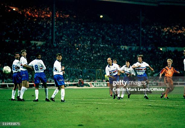 May 1992 Wembley European Cup Final Barcelona v Sampdoria - Ronald Koeman of Barcelona scores the winning goal as the Sampdoria defensive wall fails...