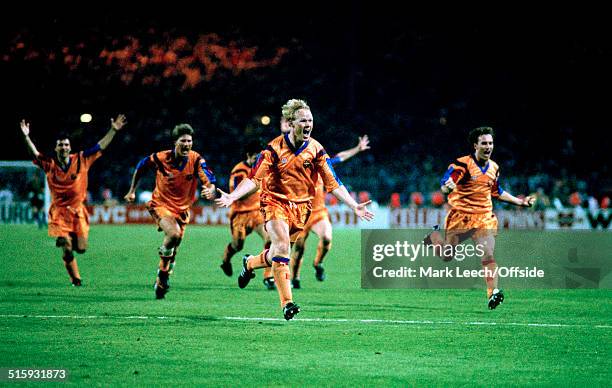May 1992 Wembley European Cup Final Barcelona v Sampdoria - Ronald Koeman of Barcelona celebrates after scoring the winning goal.